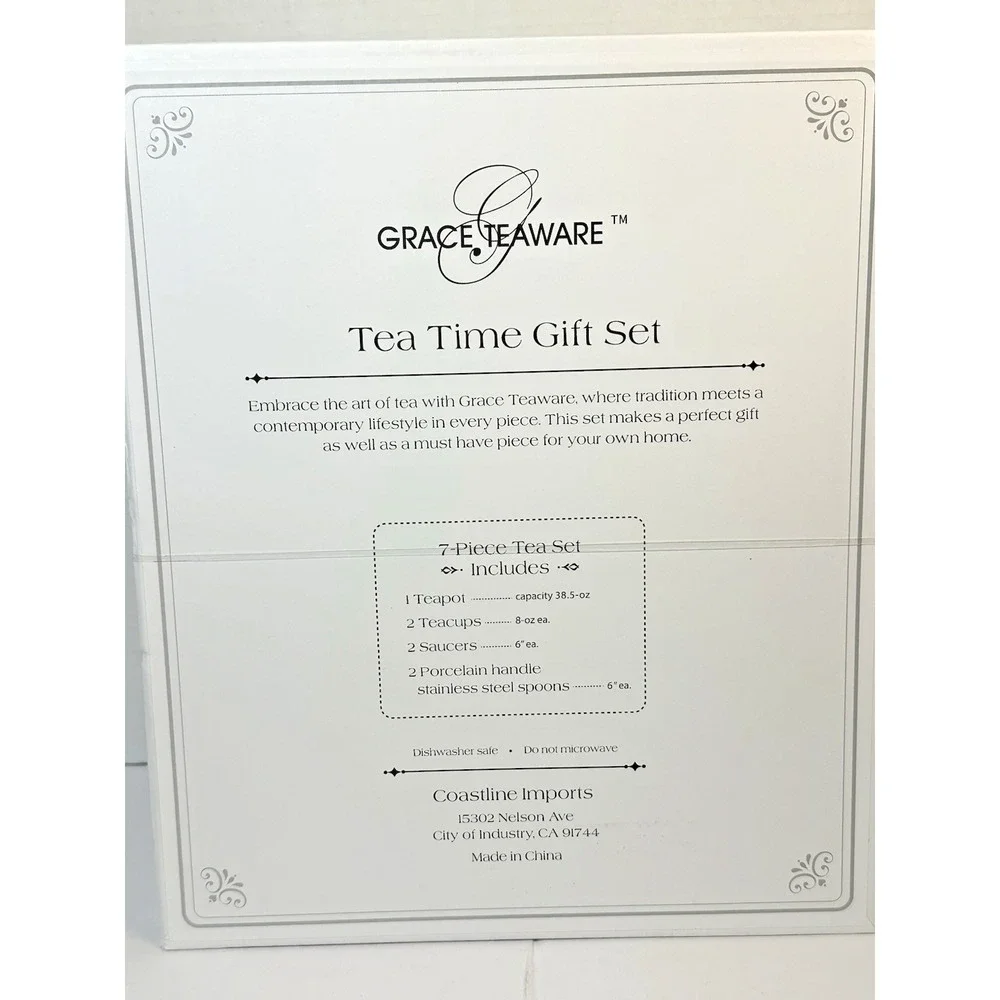 Grace Teaware Fine Porcelain 7-Piece Tea Time Gift Set Teapot Cups Saucers New